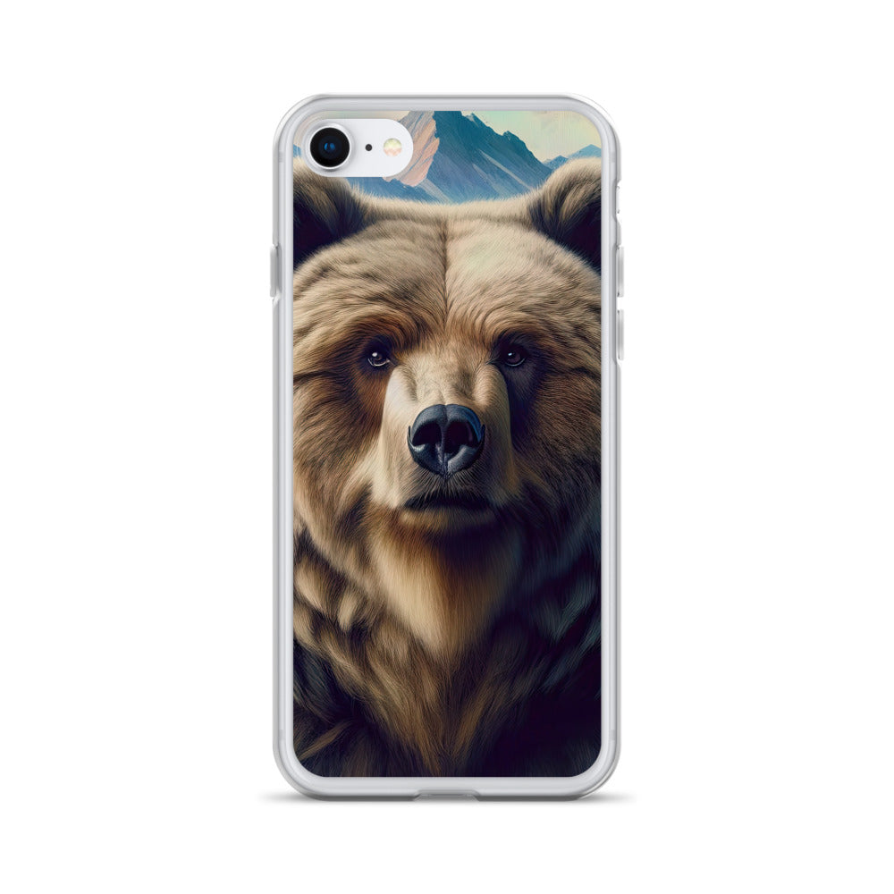 Foto eines Bären vor abstrakt gemalten Alpenbergen, Oberkörper im Fokus - iPhone Schutzhülle (durchsichtig) camping xxx yyy zzz iPhone 7 8