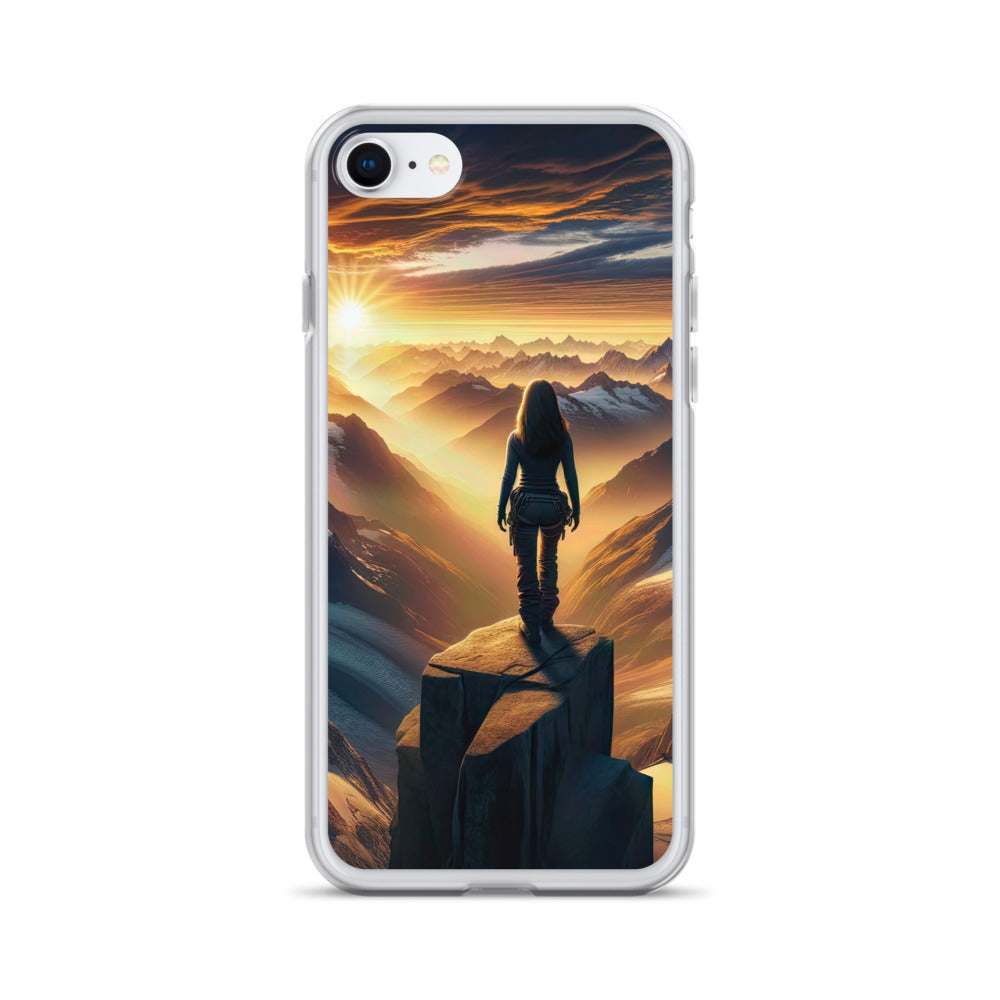 Fotorealistische Darstellung der Alpen bei Sonnenaufgang, Wanderin unter einem gold-purpurnen Himmel - iPhone Schutzhülle (durchsichtig) wandern xxx yyy zzz iPhone 7 8