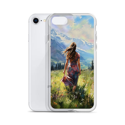 Frau mit langen Kleid im Feld mit Blumen - Berge im Hintergrund - Malerei - iPhone Schutzhülle (durchsichtig) berge xxx