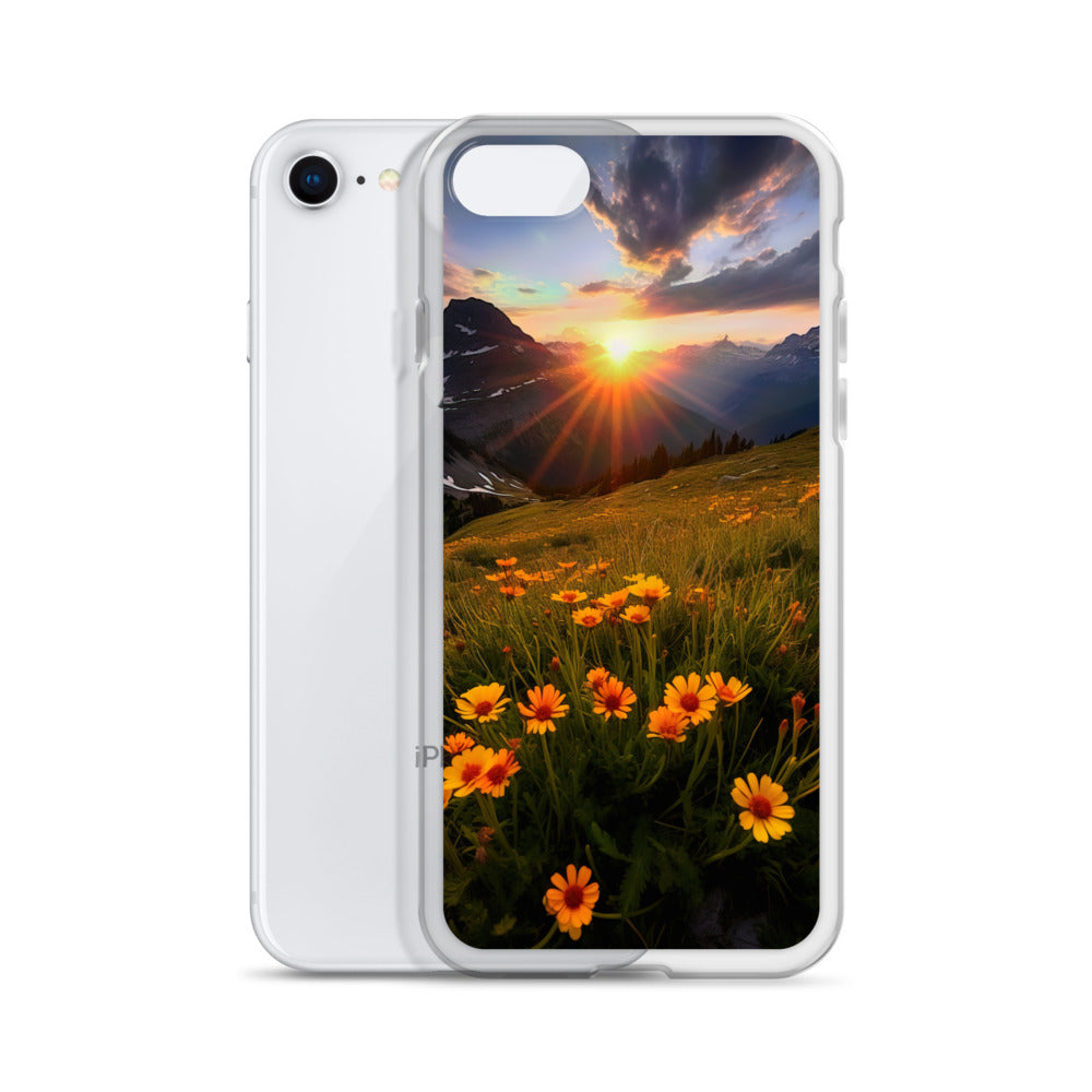 Gebirge, Sonnenblumen und Sonnenaufgang - iPhone Schutzhülle (durchsichtig) berge xxx