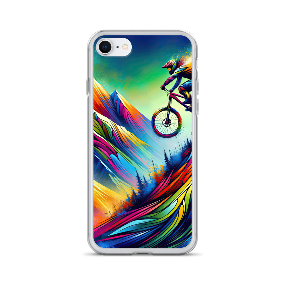 Mountainbiker in farbenfroher Alpenkulisse mit abstraktem Touch (M) - iPhone Schutzhülle (durchsichtig) xxx yyy zzz iPhone SE