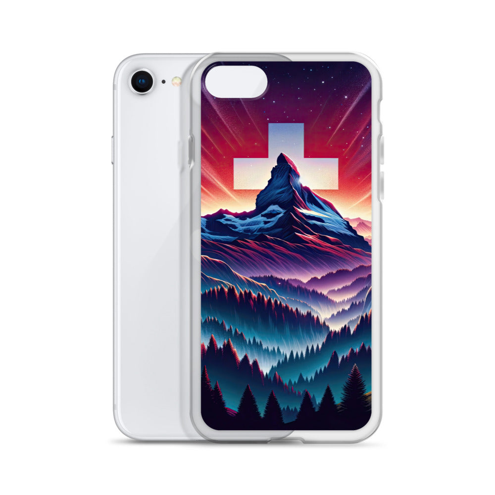 Alpenszene in Dämmerung mit Schweizer Flagge - iPhone Schutzhülle (durchsichtig) berge xxx yyy zzz