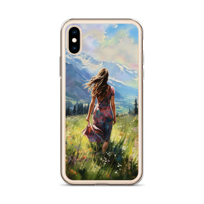 Frau mit langen Kleid im Feld mit Blumen - Berge im Hintergrund - Malerei - iPhone Schutzhülle (durchsichtig) berge xxx