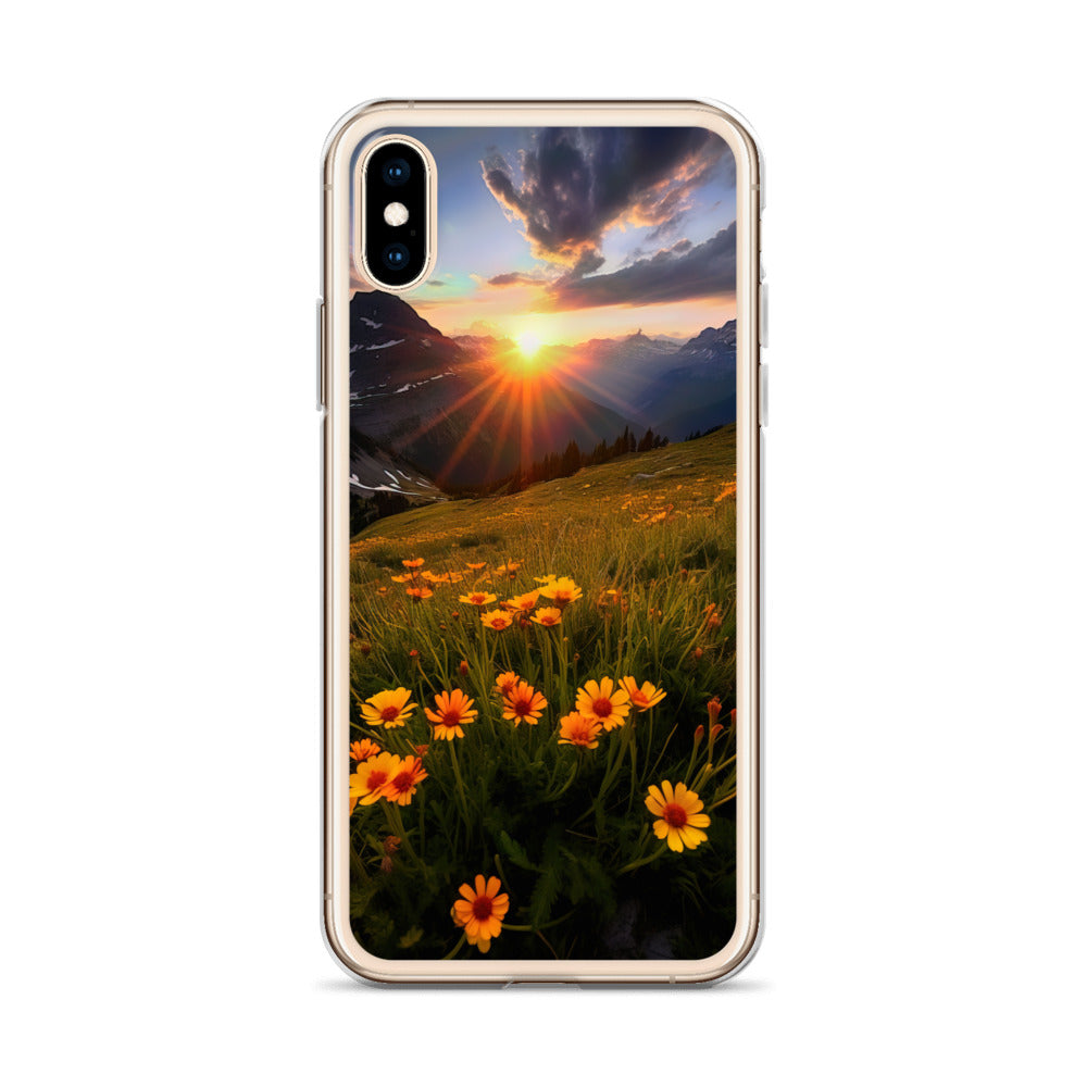 Gebirge, Sonnenblumen und Sonnenaufgang - iPhone Schutzhülle (durchsichtig) berge xxx