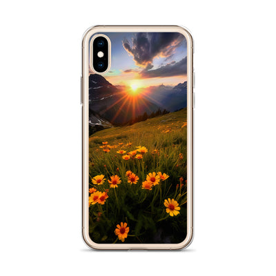 Gebirge, Sonnenblumen und Sonnenaufgang - iPhone Schutzhülle (durchsichtig) berge xxx