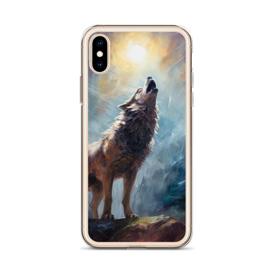 Heulender Wolf auf Berggipfel und Mond im Hintergrund – Abstrakte Malerei - iPhone Schutzhülle (durchsichtig) camping xxx