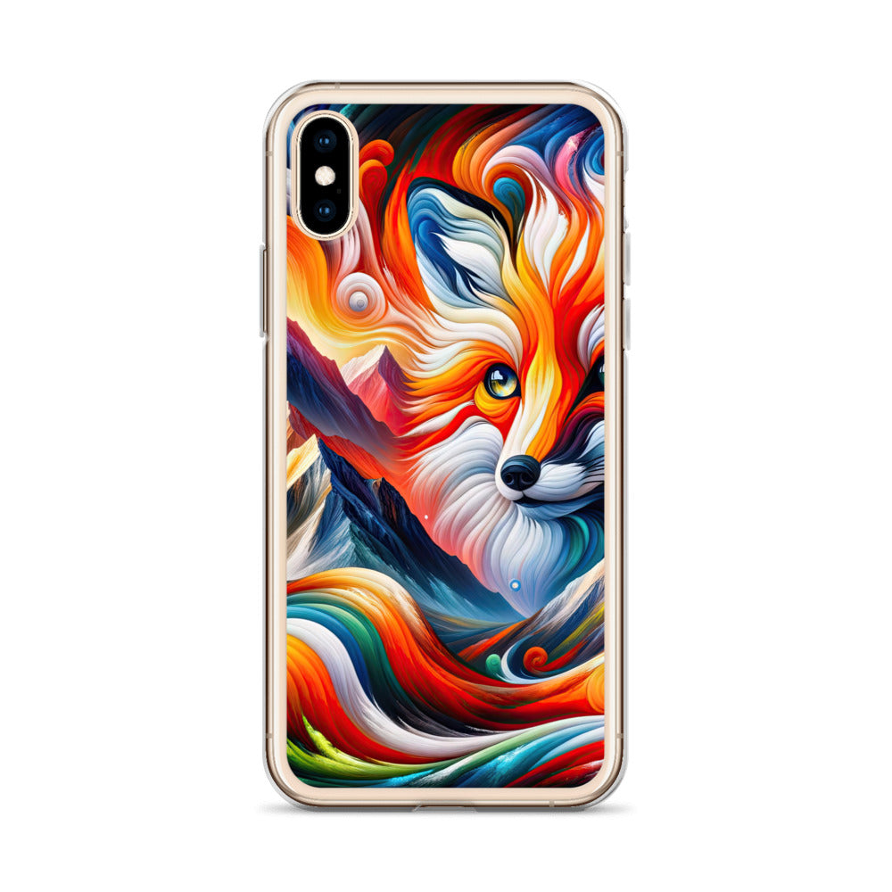 Abstrakte Kunst der Alpen voller lebendiger Farben und dynamischer Bewegung. Es dominiert ein farbiger Fuchs - iPhone Schutzhülle (durchsichtig) camping xxx yyy zzz