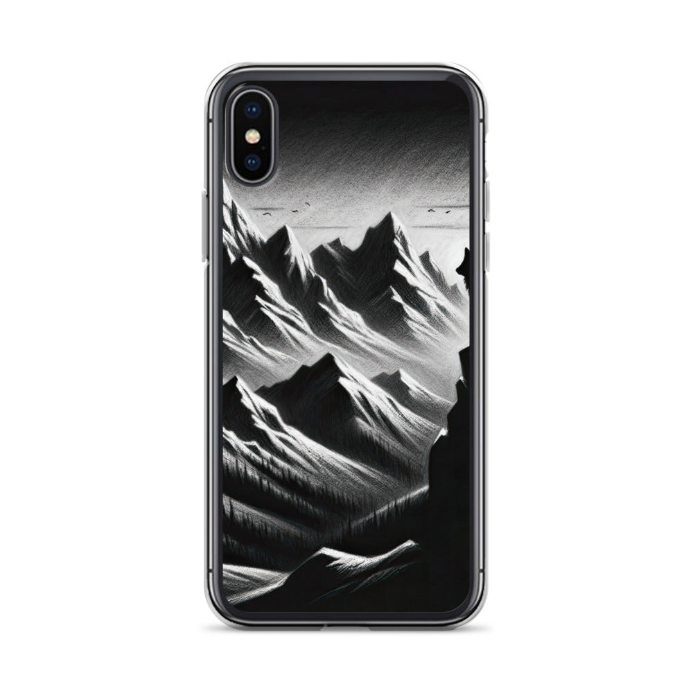 Kohlezeichnung, die die stille Stille der Alpen in der Winterdämmerung verkörpert. Wolf auf einem Berghügel (AN) - iPhone Schutzhülle (durchsichtig) xxx yyy zzz iPhone X XS