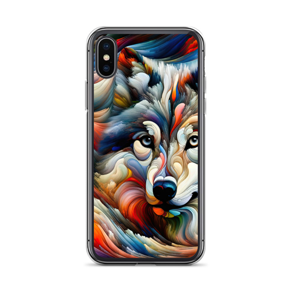 Abstrakte Kunst der Alpen mit einem Wolf. Chaotischer Tanz aus Farben und Formen. Surreale Landschaft (AN) - iPhone Schutzhülle (durchsichtig) xxx yyy zzz iPhone X XS