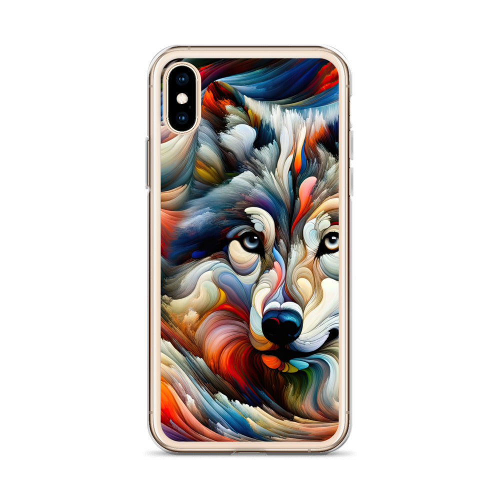 Abstrakte Kunst der Alpen mit einem Wolf. Chaotischer Tanz aus Farben und Formen. Surreale Landschaft (AN) - iPhone Schutzhülle (durchsichtig) xxx yyy zzz