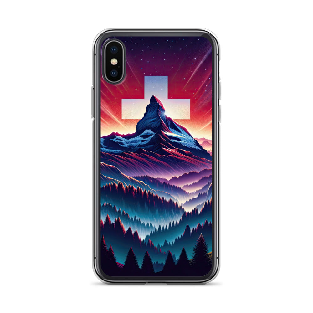 Alpenszene in Dämmerung mit Schweizer Flagge - iPhone Schutzhülle (durchsichtig) berge xxx yyy zzz iPhone X XS