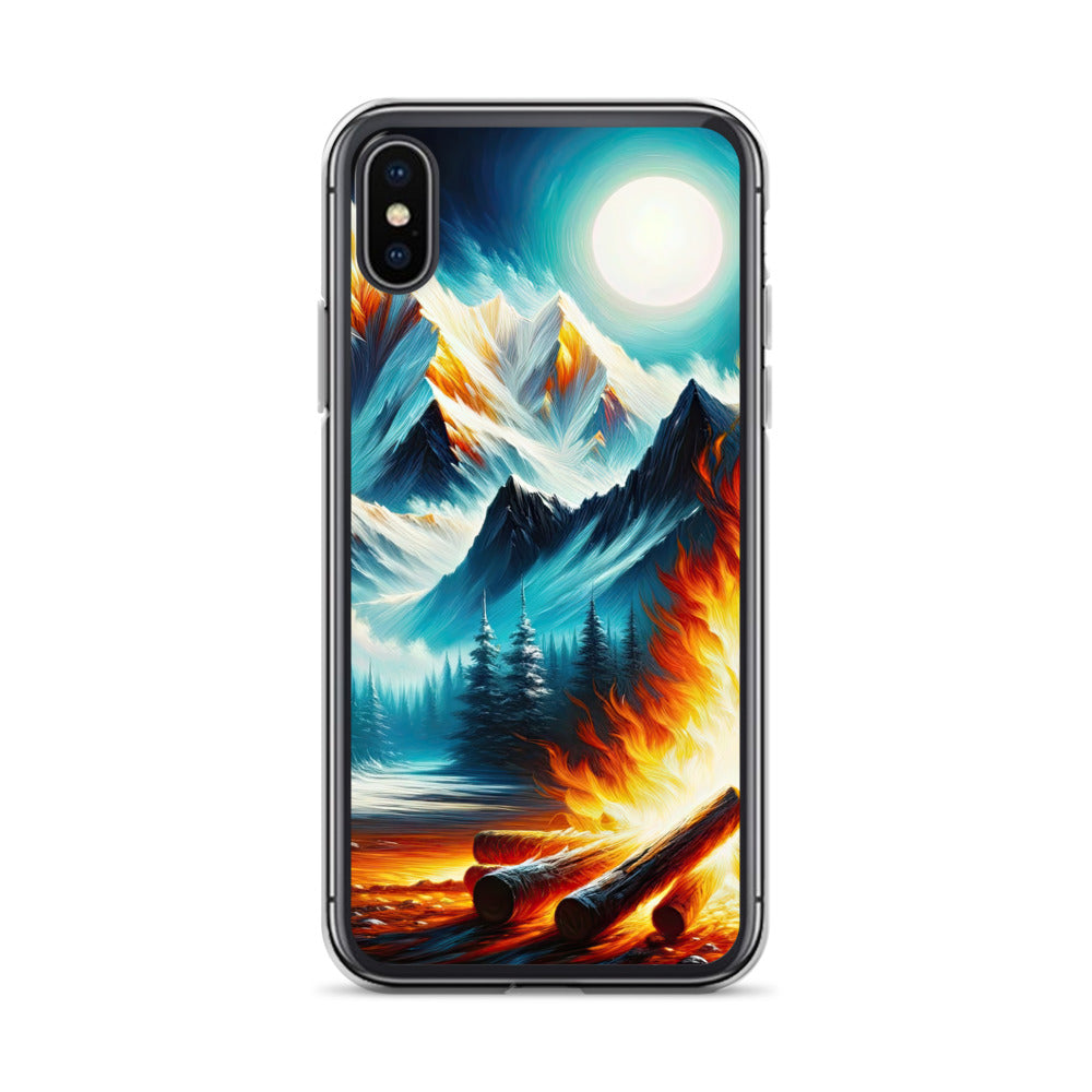 Ölgemälde von Feuer und Eis: Lagerfeuer und Alpen im Kontrast, warme Flammen - iPhone Schutzhülle (durchsichtig) camping xxx yyy zzz iPhone X XS