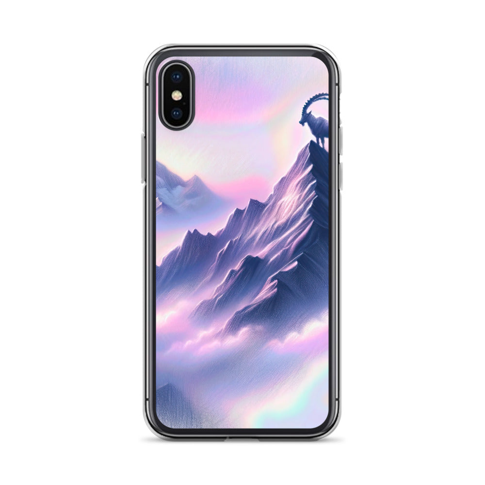 Pastellzeichnung der Alpen im Morgengrauen mit Steinbock in Rosa- und Lavendeltönen - iPhone Schutzhülle (durchsichtig) berge xxx yyy zzz iPhone X XS