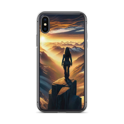 Fotorealistische Darstellung der Alpen bei Sonnenaufgang, Wanderin unter einem gold-purpurnen Himmel - iPhone Schutzhülle (durchsichtig) wandern xxx yyy zzz iPhone X XS