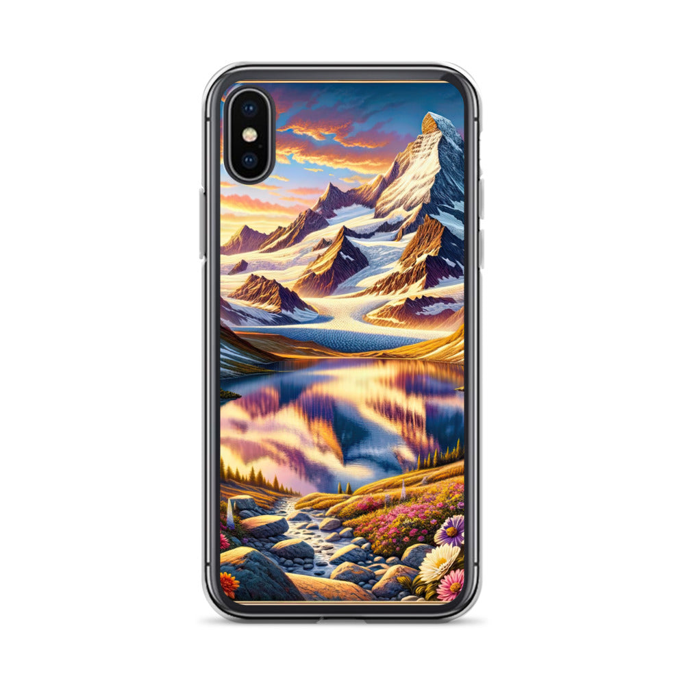 Quadratische Illustration der Alpen mit schneebedeckten Gipfeln und Wildblumen - iPhone Schutzhülle (durchsichtig) berge xxx yyy zzz iPhone X XS