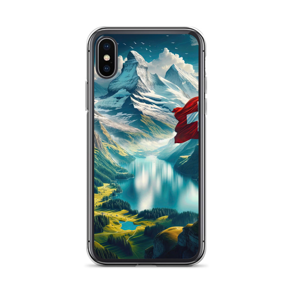 Ultraepische, fotorealistische Darstellung der Schweizer Alpenlandschaft mit Schweizer Flagge - iPhone Schutzhülle (durchsichtig) berge xxx yyy zzz iPhone X XS