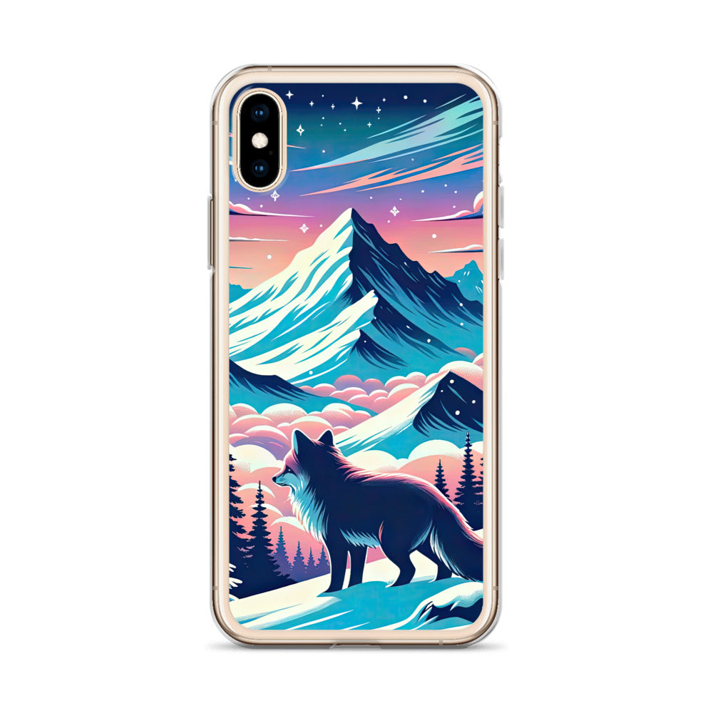 Vektorgrafik eines alpinen Winterwunderlandes mit schneebedeckten Kiefern und einem Fuchs - iPhone Schutzhülle (durchsichtig) camping xxx yyy zzz