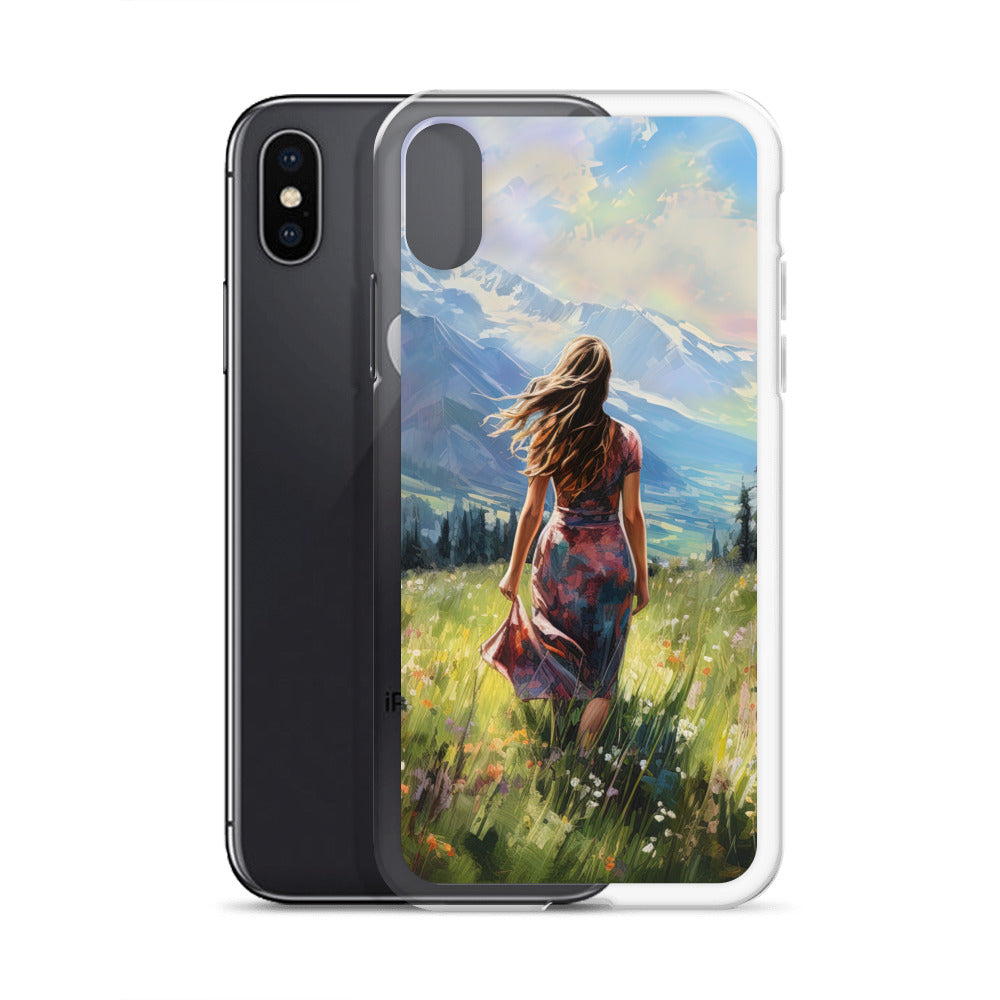 Frau mit langen Kleid im Feld mit Blumen - Berge im Hintergrund - Malerei - iPhone Schutzhülle (durchsichtig) berge xxx