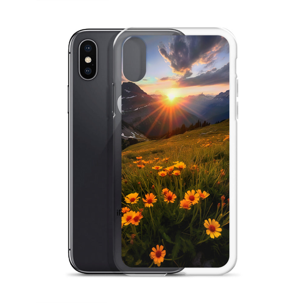 Gebirge, Sonnenblumen und Sonnenaufgang - iPhone Schutzhülle (durchsichtig) berge xxx