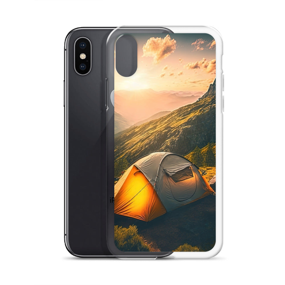 Zelt auf Berg im Sonnenaufgang - Landschafts - iPhone Schutzhülle (durchsichtig) camping xxx