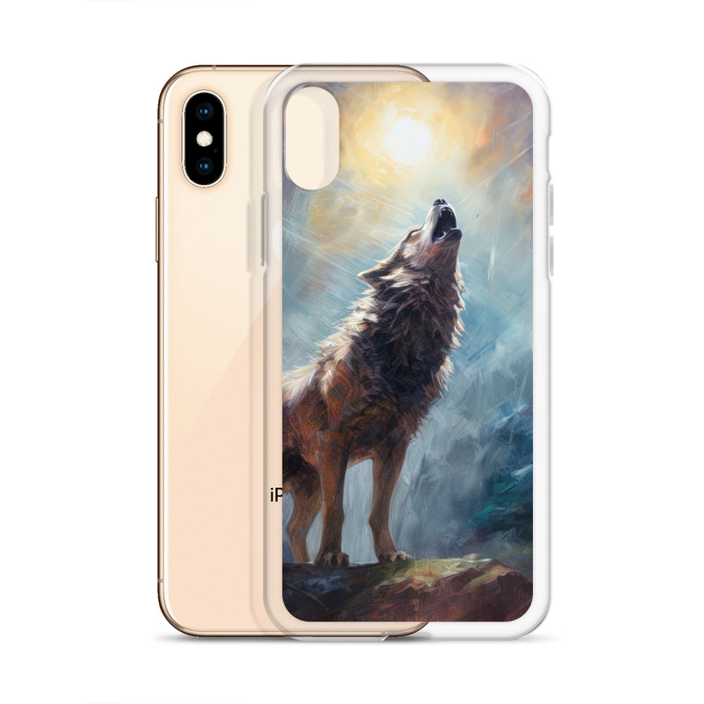 Heulender Wolf auf Berggipfel und Mond im Hintergrund – Abstrakte Malerei - iPhone Schutzhülle (durchsichtig) camping xxx