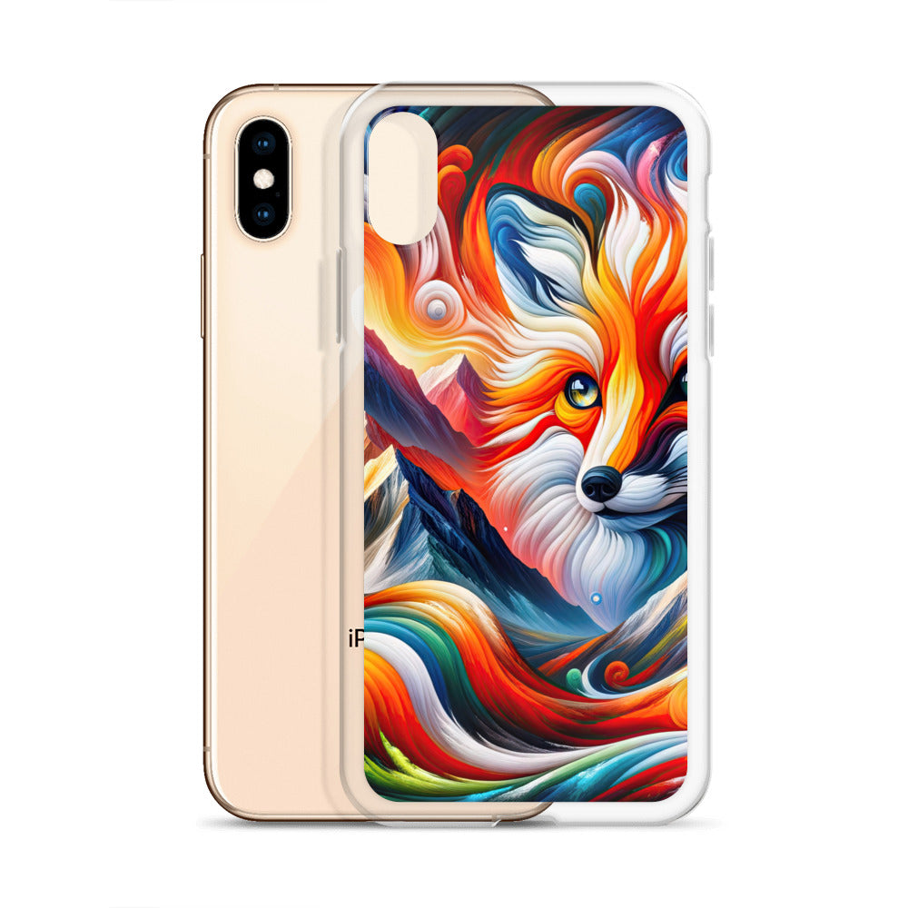 Abstrakte Kunst der Alpen voller lebendiger Farben und dynamischer Bewegung. Es dominiert ein farbiger Fuchs - iPhone Schutzhülle (durchsichtig) camping xxx yyy zzz