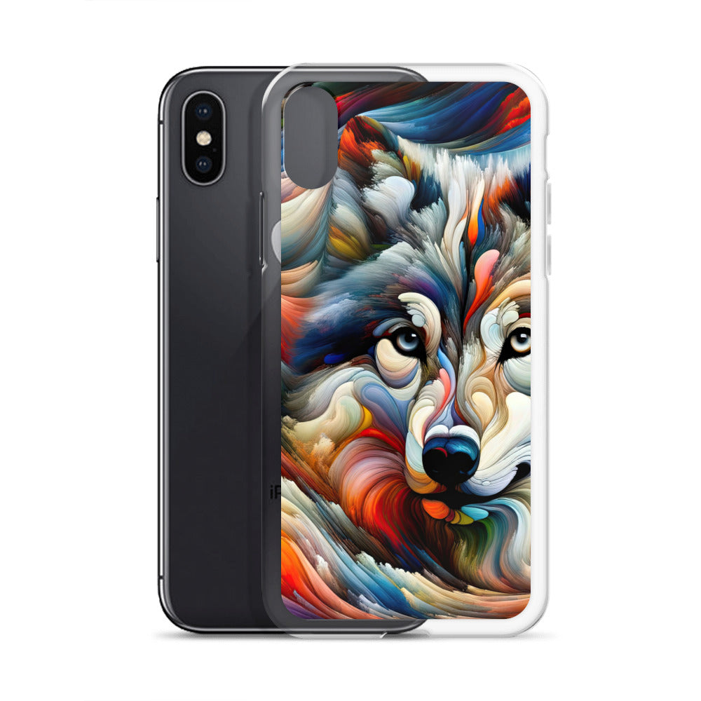 Abstrakte Kunst der Alpen mit einem Wolf. Chaotischer Tanz aus Farben und Formen. Surreale Landschaft (AN) - iPhone Schutzhülle (durchsichtig) xxx yyy zzz