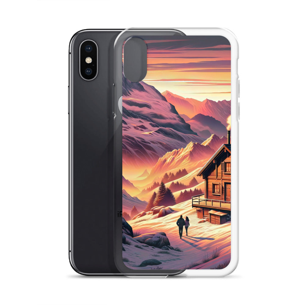 Berghütte im goldenen Sonnenuntergang: Digitale Alpenillustration - iPhone Schutzhülle (durchsichtig) berge xxx yyy zzz