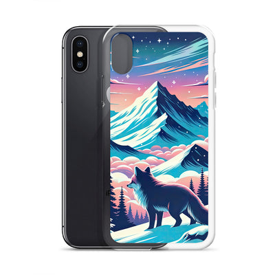 Vektorgrafik eines alpinen Winterwunderlandes mit schneebedeckten Kiefern und einem Fuchs - iPhone Schutzhülle (durchsichtig) camping xxx yyy zzz