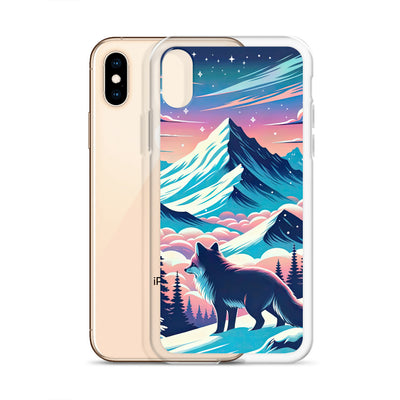 Vektorgrafik eines alpinen Winterwunderlandes mit schneebedeckten Kiefern und einem Fuchs - iPhone Schutzhülle (durchsichtig) camping xxx yyy zzz