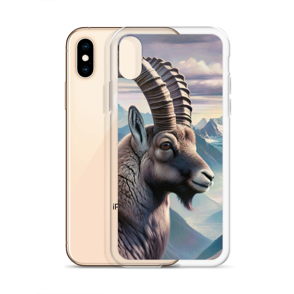 Digitales Steinbock-Porträt vor Alpenkulisse - iPhone Schutzhülle (durchsichtig) berge xxx yyy zzz