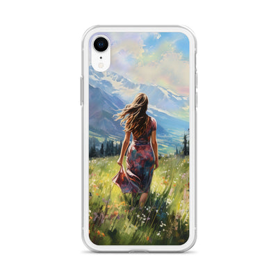 Frau mit langen Kleid im Feld mit Blumen - Berge im Hintergrund - Malerei - iPhone Schutzhülle (durchsichtig) berge xxx