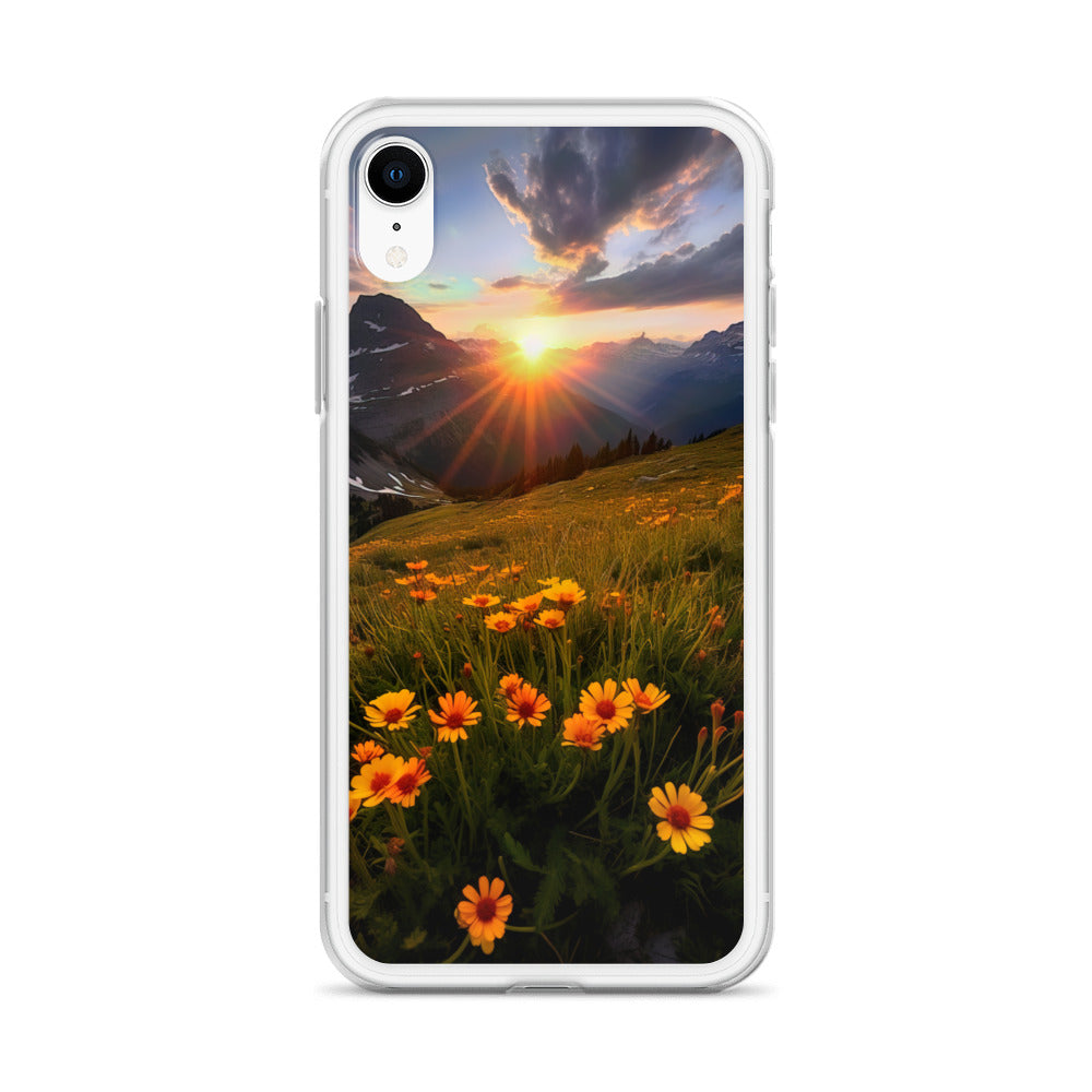 Gebirge, Sonnenblumen und Sonnenaufgang - iPhone Schutzhülle (durchsichtig) berge xxx