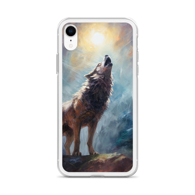 Heulender Wolf auf Berggipfel und Mond im Hintergrund – Abstrakte Malerei - iPhone Schutzhülle (durchsichtig) camping xxx