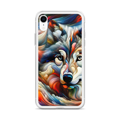 Abstrakte Kunst der Alpen mit einem Wolf. Chaotischer Tanz aus Farben und Formen. Surreale Landschaft (AN) - iPhone Schutzhülle (durchsichtig) xxx yyy zzz