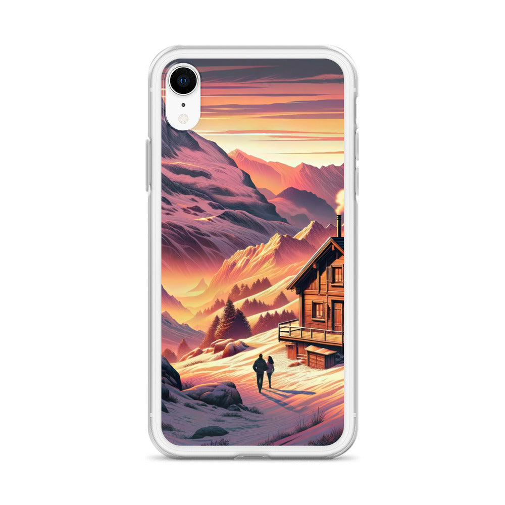 Berghütte im goldenen Sonnenuntergang: Digitale Alpenillustration - iPhone Schutzhülle (durchsichtig) berge xxx yyy zzz