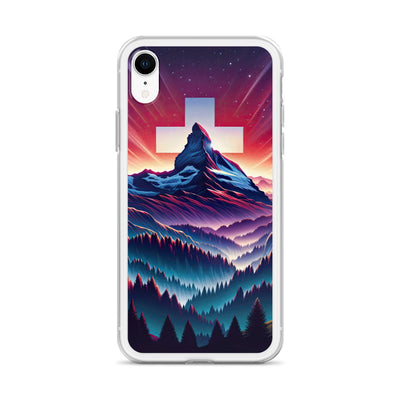 Alpenszene in Dämmerung mit Schweizer Flagge - iPhone Schutzhülle (durchsichtig) berge xxx yyy zzz