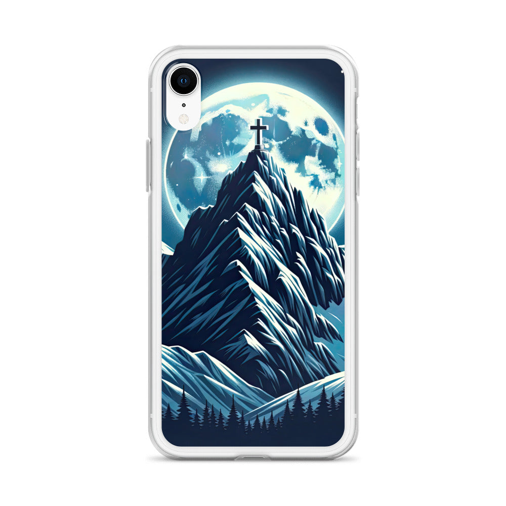 Mondnacht und Gipfelkreuz in den Alpen, glitzernde Schneegipfel - iPhone Schutzhülle (durchsichtig) berge xxx yyy zzz