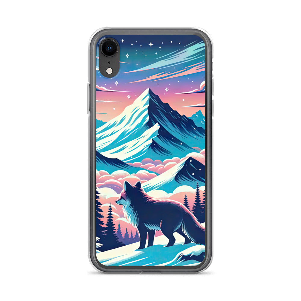 Vektorgrafik eines alpinen Winterwunderlandes mit schneebedeckten Kiefern und einem Fuchs - iPhone Schutzhülle (durchsichtig) camping xxx yyy zzz iPhone XR