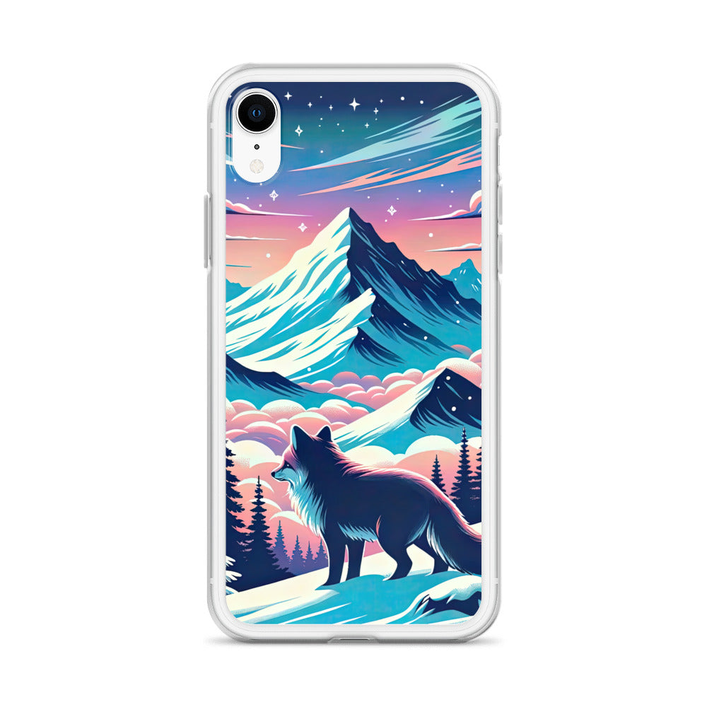 Vektorgrafik eines alpinen Winterwunderlandes mit schneebedeckten Kiefern und einem Fuchs - iPhone Schutzhülle (durchsichtig) camping xxx yyy zzz