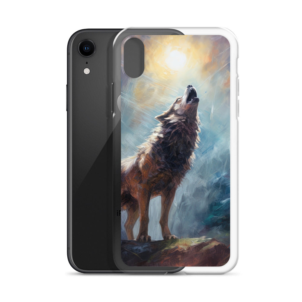 Heulender Wolf auf Berggipfel und Mond im Hintergrund – Abstrakte Malerei - iPhone Schutzhülle (durchsichtig) camping xxx