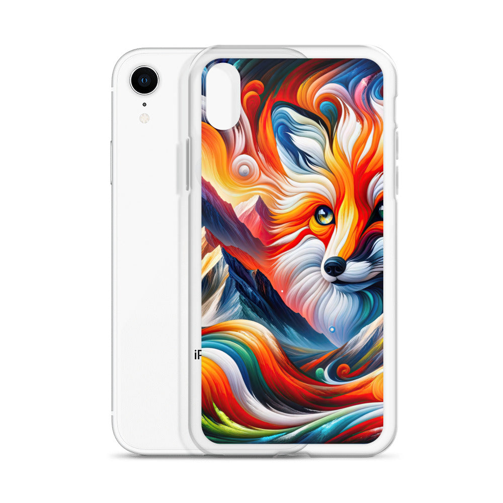 Abstrakte Kunst der Alpen voller lebendiger Farben und dynamischer Bewegung. Es dominiert ein farbiger Fuchs - iPhone Schutzhülle (durchsichtig) camping xxx yyy zzz