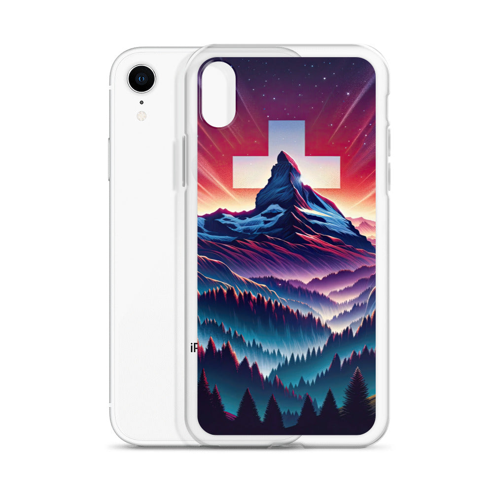 Alpenszene in Dämmerung mit Schweizer Flagge - iPhone Schutzhülle (durchsichtig) berge xxx yyy zzz