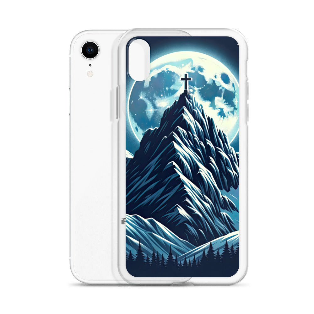 Mondnacht und Gipfelkreuz in den Alpen, glitzernde Schneegipfel - iPhone Schutzhülle (durchsichtig) berge xxx yyy zzz