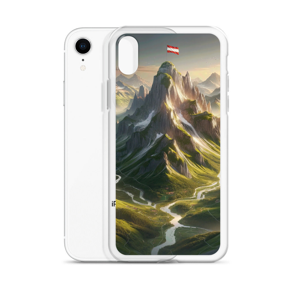 Fotorealistisches Bild der Alpen mit österreichischer Flagge, scharfen Gipfeln und grünen Tälern - iPhone Schutzhülle (durchsichtig) berge xxx yyy zzz