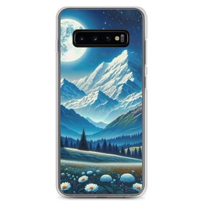 Klare frühlingshafte Alpennacht mit Blumen und Vollmond über Schneegipfeln - Samsung Schutzhülle (durchsichtig) berge xxx yyy zzz Samsung Galaxy S10+