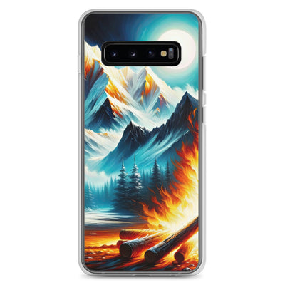 Ölgemälde von Feuer und Eis: Lagerfeuer und Alpen im Kontrast, warme Flammen - Samsung Schutzhülle (durchsichtig) camping xxx yyy zzz Samsung Galaxy S10+