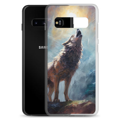 Heulender Wolf auf Berggipfel und Mond im Hintergrund – Abstrakte Malerei - Samsung Schutzhülle (durchsichtig) camping xxx