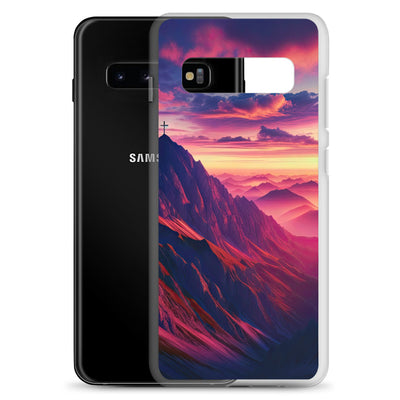 Dramatischer Alpen-Sonnenaufgang, Gipfelkreuz und warme Himmelsfarben - Samsung Schutzhülle (durchsichtig) berge xxx yyy zzz