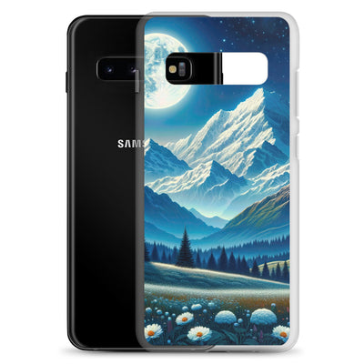 Klare frühlingshafte Alpennacht mit Blumen und Vollmond über Schneegipfeln - Samsung Schutzhülle (durchsichtig) berge xxx yyy zzz